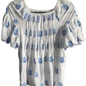 A Loves A White and Blue Embroidered Floral Top/ Size Medium